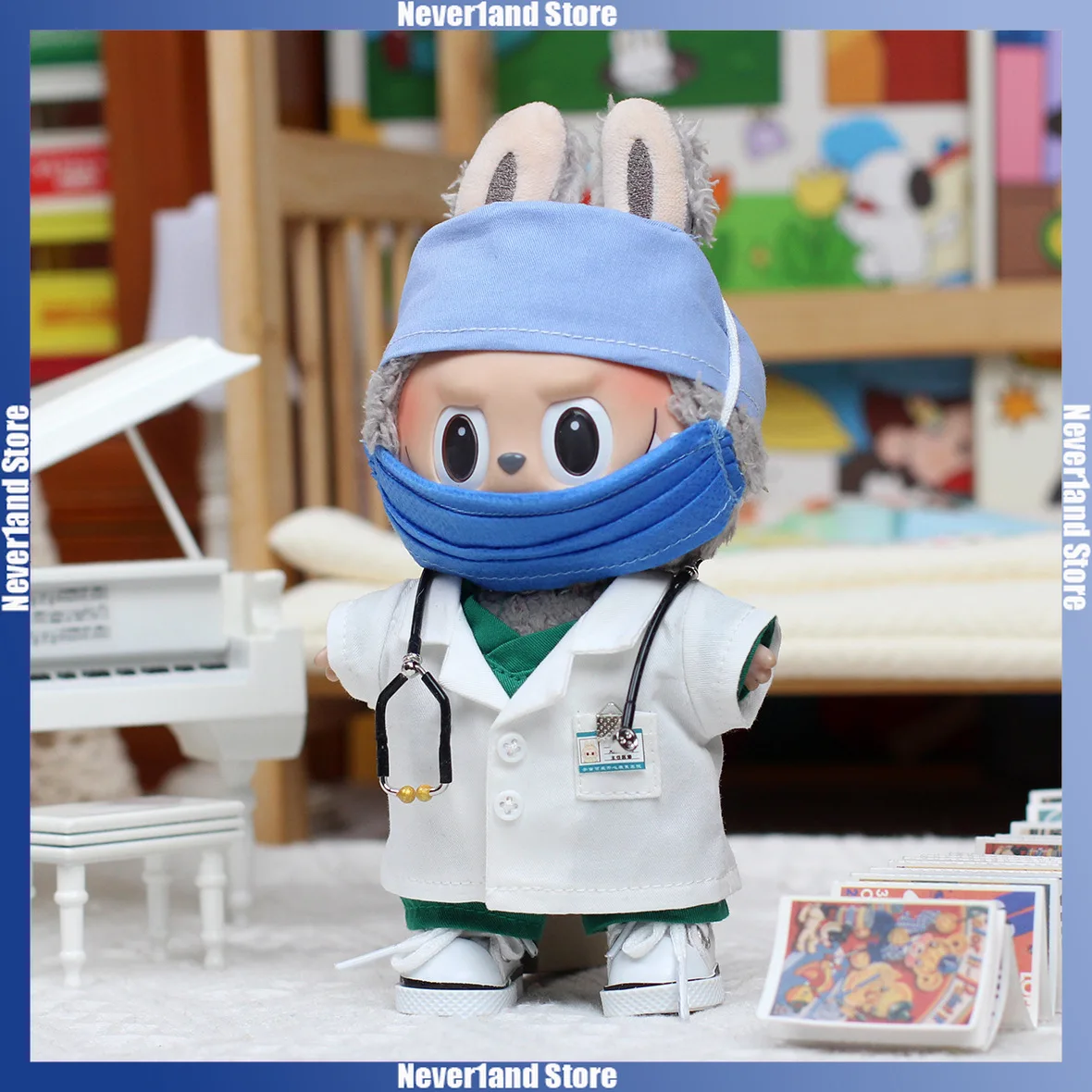 Hot Labubu Doctor Uniform Set Pink Blue Green Uniform Stethoscope Mask Outfit Mini Plush Doll Clothing Fashion Doll Accessories