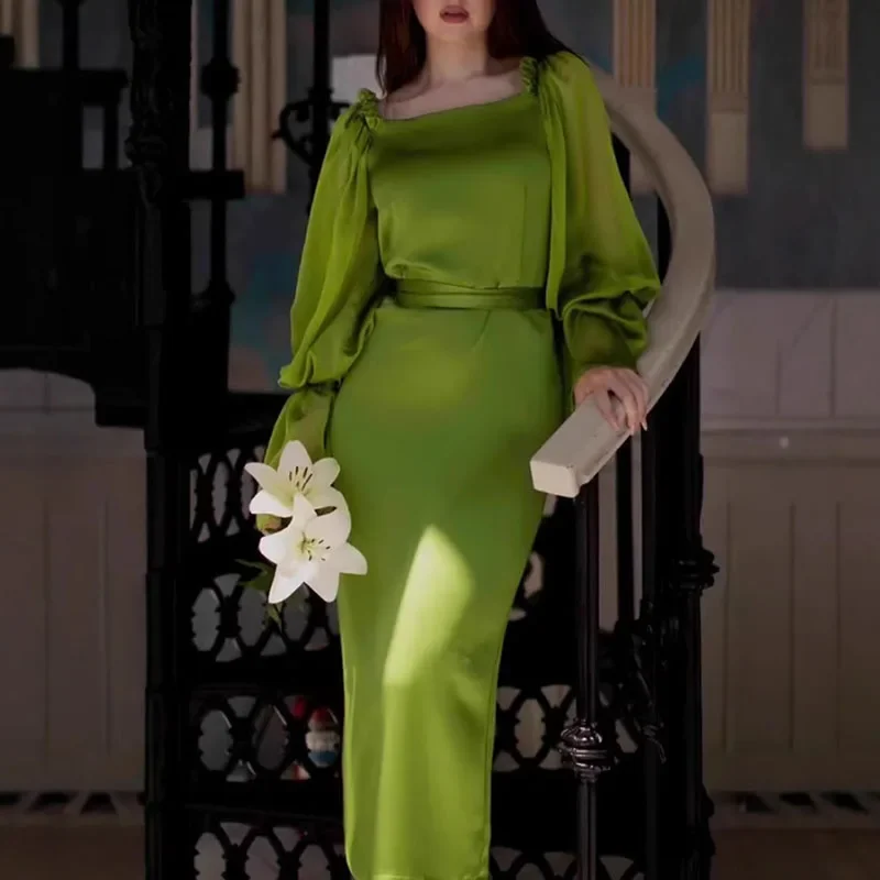 달콤한 캐주얼 스퀘어 넥 여성 롱 드레스 플레어 슬리브 하이 웨이스트 레이스업 파티 드레스 패션 가을 새틴 출근용 드레스