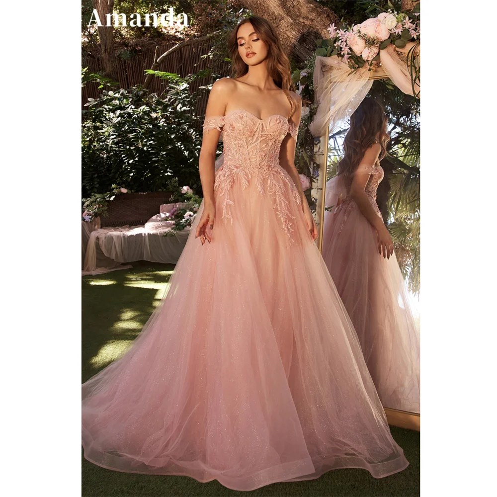 Amanda-Vestido De noche Rosa polvoriento con hombros descubiertos, traje De princesa De encaje brillante dulce, línea A, tul, 2024