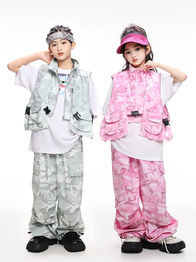 

Детский крутой серо-розовый камуфляжный укороченный жилет в стиле хип-хоп, топ, повседневные брюки-карго со рюшами и шнурком для девочек и мальчиков, костюм для джазовых танцев, одежда
