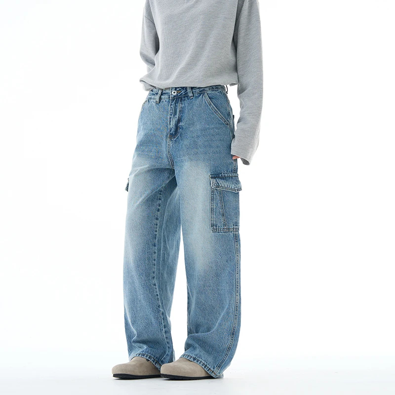 New Simple Men's Cargo Jeans Multi Pockets Solid Color Washing Vintage Wide Leg Loose Straight Leg Male Denim Pants