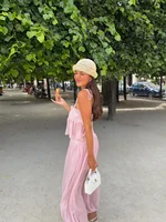Women Pink Chiffon Lace Trim Pants Suit Sleeveless Strap Crop Top Boho Holiday Matching Sets 2026 Seaside Vacation Casual Outfit - Image 2