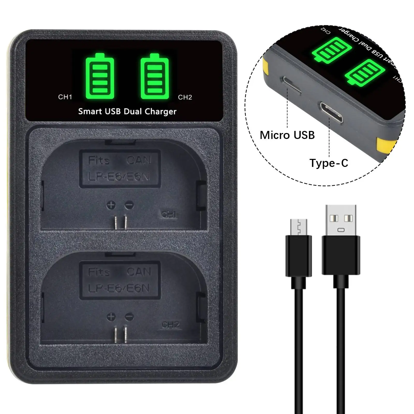 2650mAh LP-E6 LP-E6N LPE6 بطارية + LED شاحن مزدوج مع نوع C لكانون EOS R R5 R6 5D Mark II III 7D 60D EOS 6D 70D 80D 90D