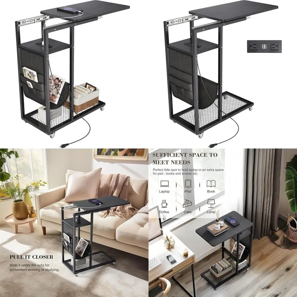 

Large Black C-Shaped End Table with Built-In Charging Station