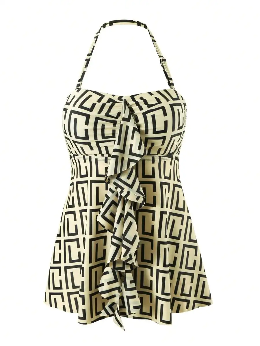 Geometric Pattern Halter Neck Ruffled Tankini Swimsuit For Women Summer Beach Wear