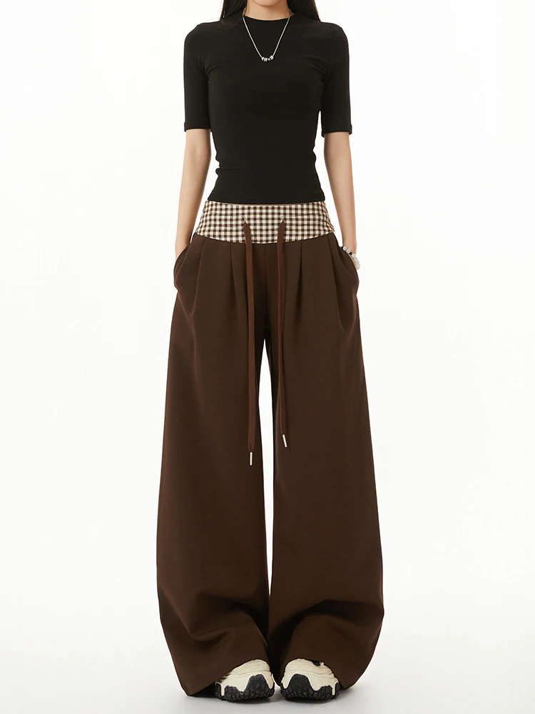 Casual Wide Leg Straight Tube Pants Women's Design Sensation Small ence Plaid Splicing Sports Pants American Sle ket