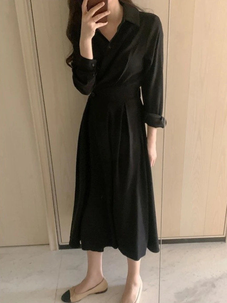 Women Spring Elegant Long Shirt Dress 2022 New Female Elastic High Waist A-line Midi Dresses Solid Color Lapel Collar