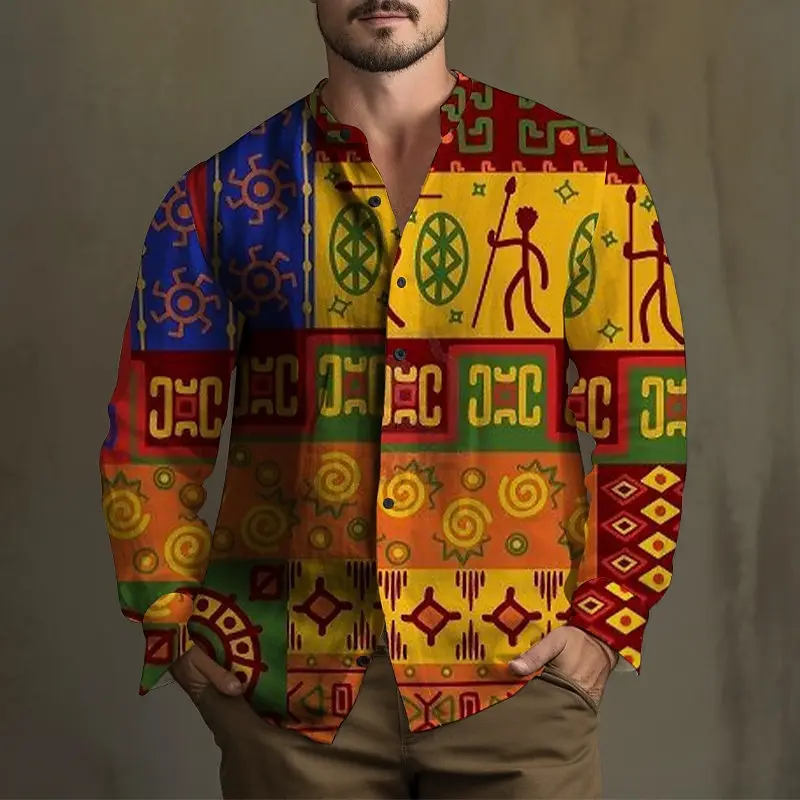 Ethnic Retro Tribal Men\'s Shirt Daily Wear Weekend Four Seasons Lapel Long Sleeve Red Orange S-6XL Four-Way Stretch