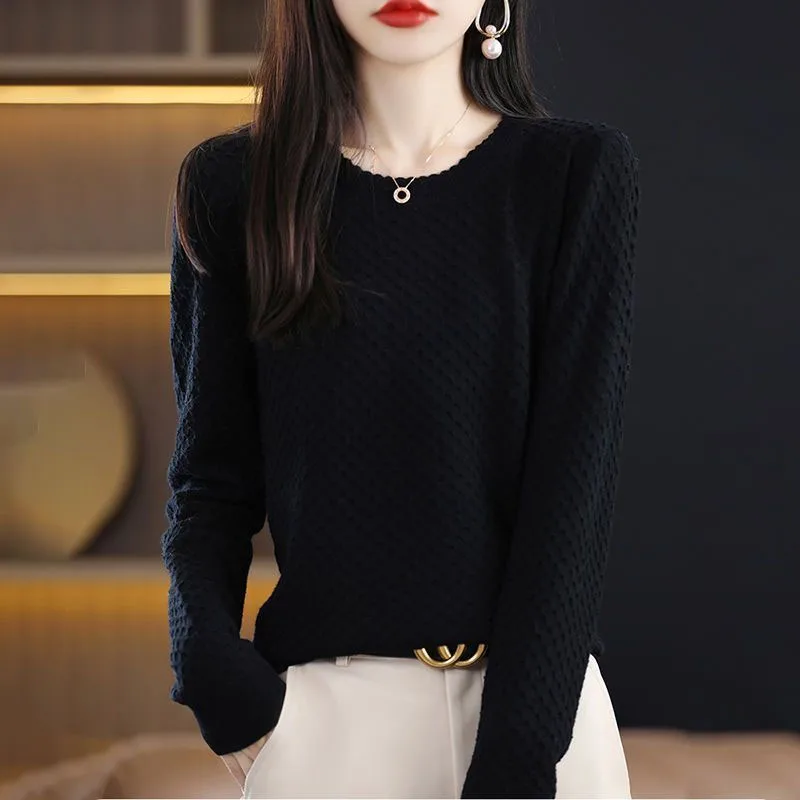 New Autumn and Winter Fashion High Grade Jacquard Design Sense Solid Color Versatile Loose Thick Round Neck Long Sleeve Sweater