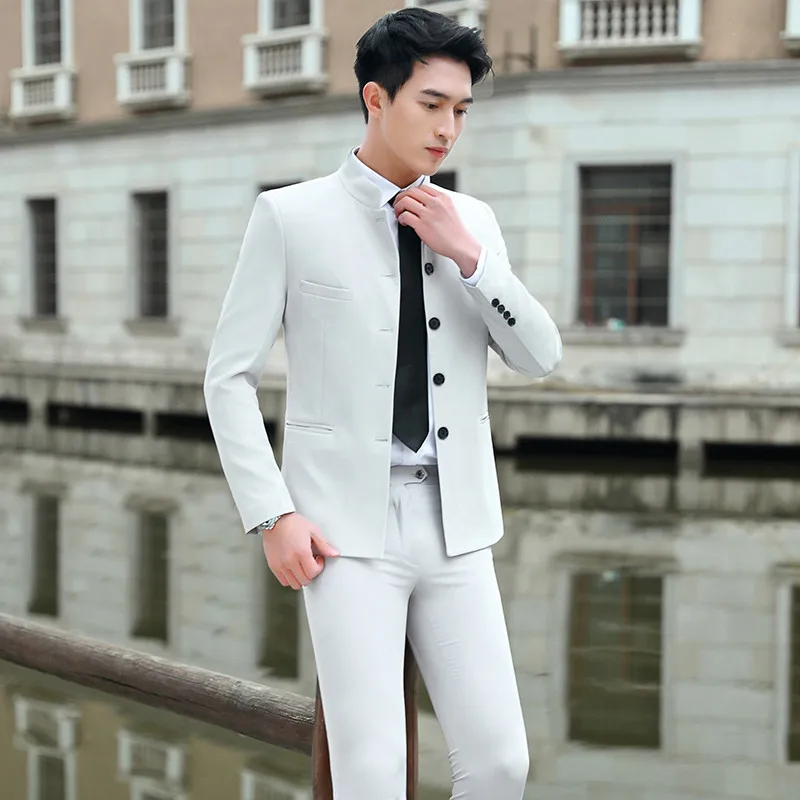 V3005 Men's suit two-piece suit Korean style stand-up collar small suit professional best man groom wedding Zhongshan suit dress