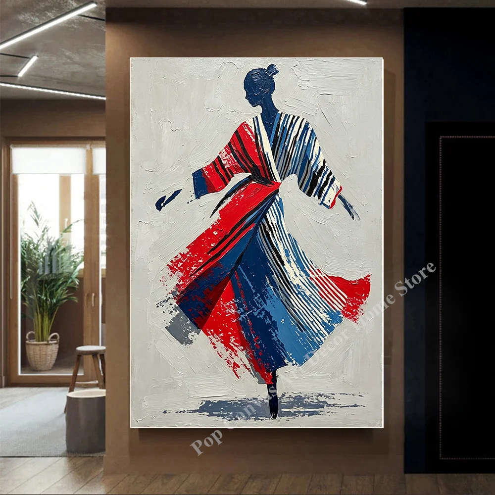 

Hand-Painted Impasto Dancing Woman with Striped Robe Abstract Oil Painting on Canvas Modern Textured Wall Art for Living Room De