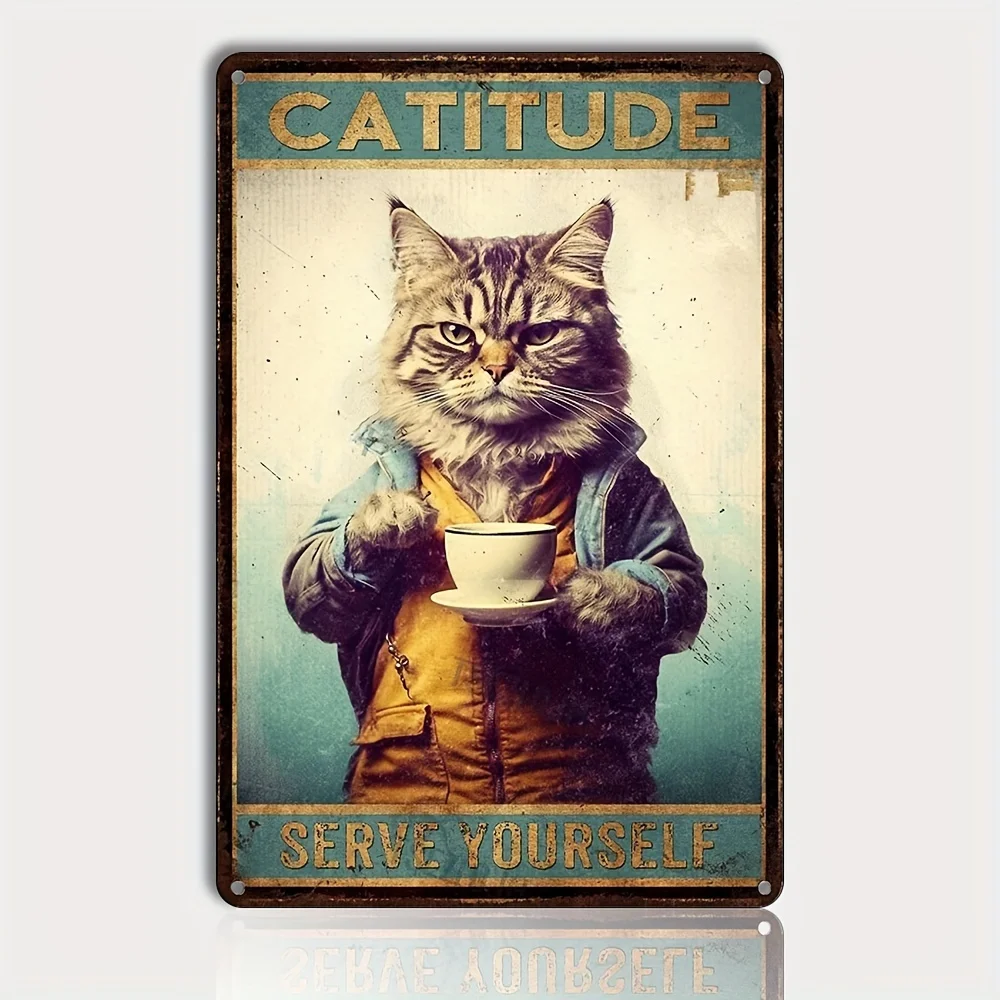 Vintage Cat & Coffee Metal Sign -  Wall Decor for Kitchen, Bar, Cafe, or Garage with Retro Art, Metal Plate