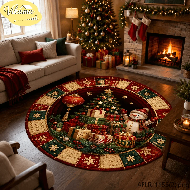 VIKAMA Christmas Gift Stack Round Rug, Non-Slip and Machine-Washable Living Room Carpet, Rustic Holiday Area Rug, Home Decor