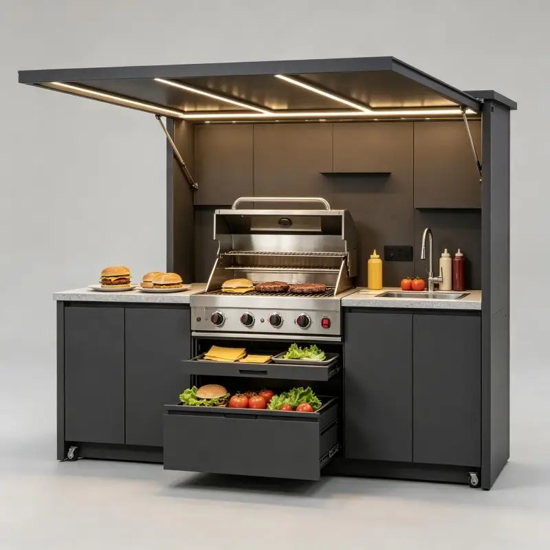 Outdoor Kitchen Modern BBQ Island Unit Heat Resistant Countertop With Gas Grill Sink For Backyard Entertainment