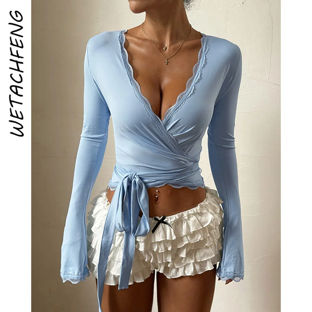 

Women's Lace Crop Top Long Sleeve V-Neck 2025 New Arrival Tie-Up Front Sexy Bodycon Shirt For Women Fashion Streetwear Clothing