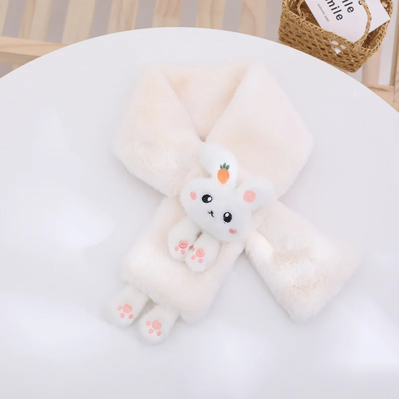 Korean Boys Girls Winter Thick Plush Cross Children\'s Scarf Baby Bib Cute Cartoon Rabbit Faux Fur Neck Protection Warm Shawl V49