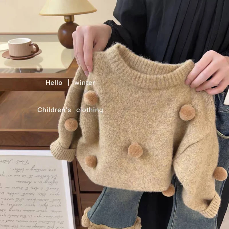 Girls sweater suit2024Autumn and Winter New Fashion Baby Knitted Top Single-Layer Fleece-Lined Jeans Two-Piece Suit Fashion