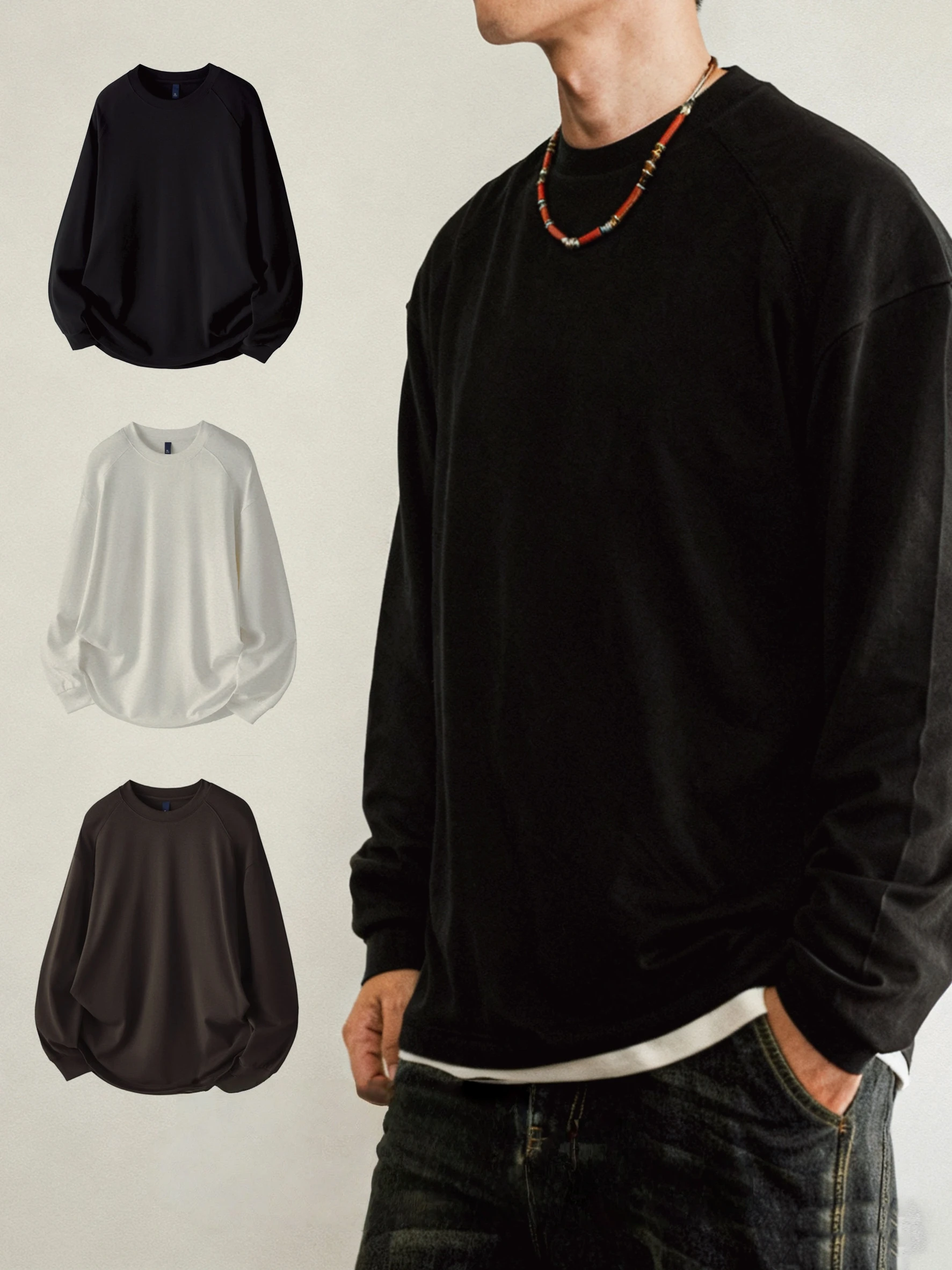 Men's American Spring Fall Stretch Crewneck Long Sleeve T-Shirt Solid Color Minimalist Loose Fit Base Layer Trendy Casual Tops