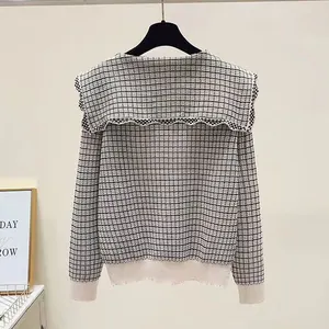 Pulôver de malha acrílico xadrez feminino, colarinho Peter Pan, suéter de manga comprida, tops vintage, roupas femininas, moda 10 principais vendas sueter gola peter pan - №5