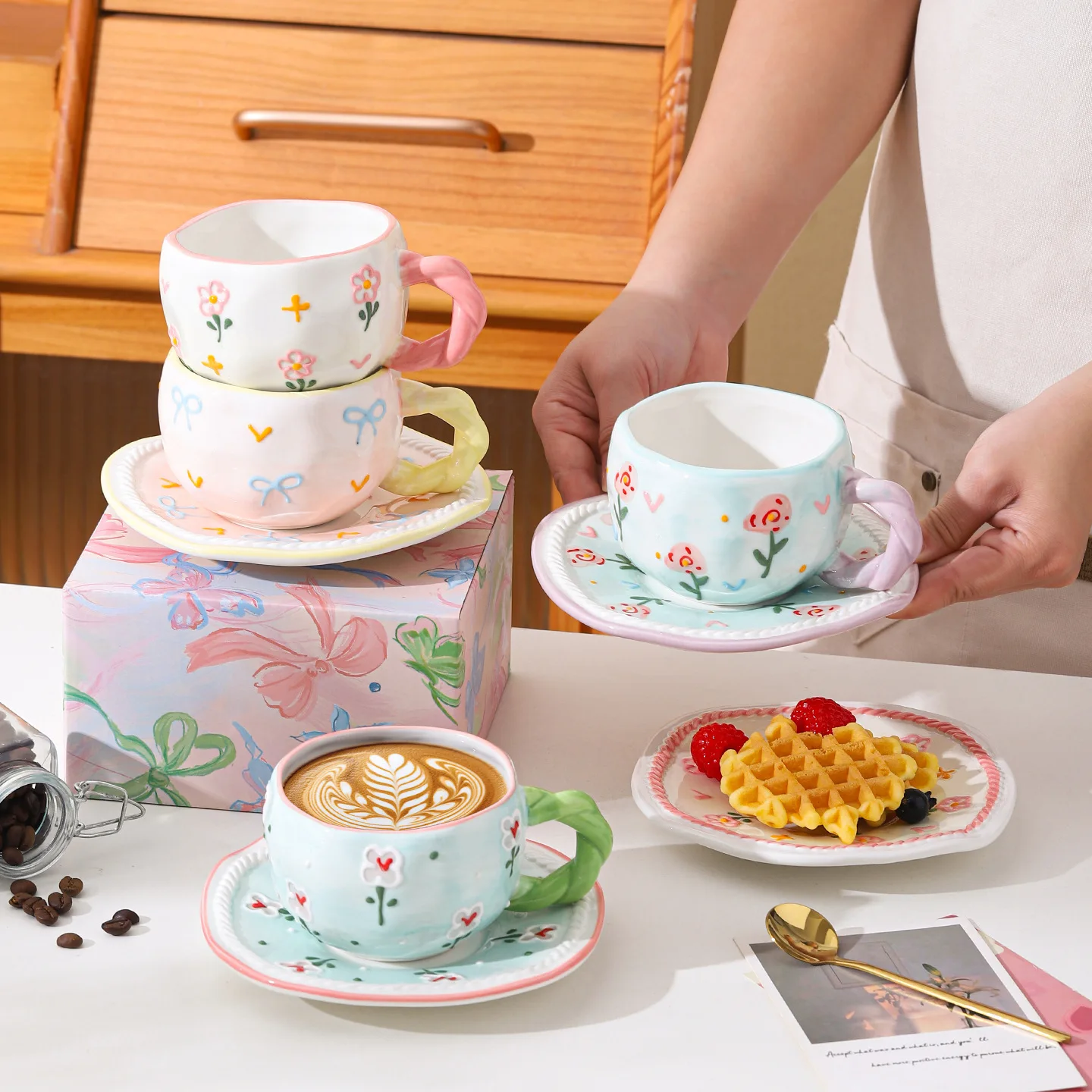 

4-Piece Creative Underglaze Hand-Painted Embossed Flower Ceramic Coffee Cup and Saucer Set