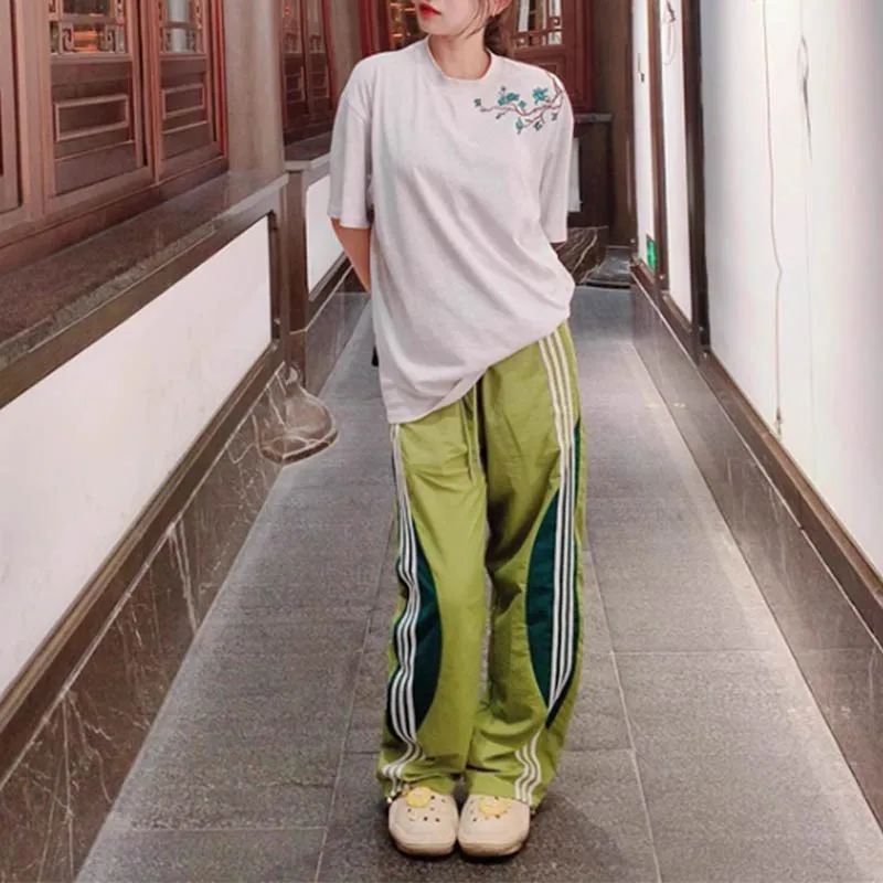 

Work pants loose straight leg fashionable casual wide leg sports pants elastic waist loose air pants early autumn pants paratroo
