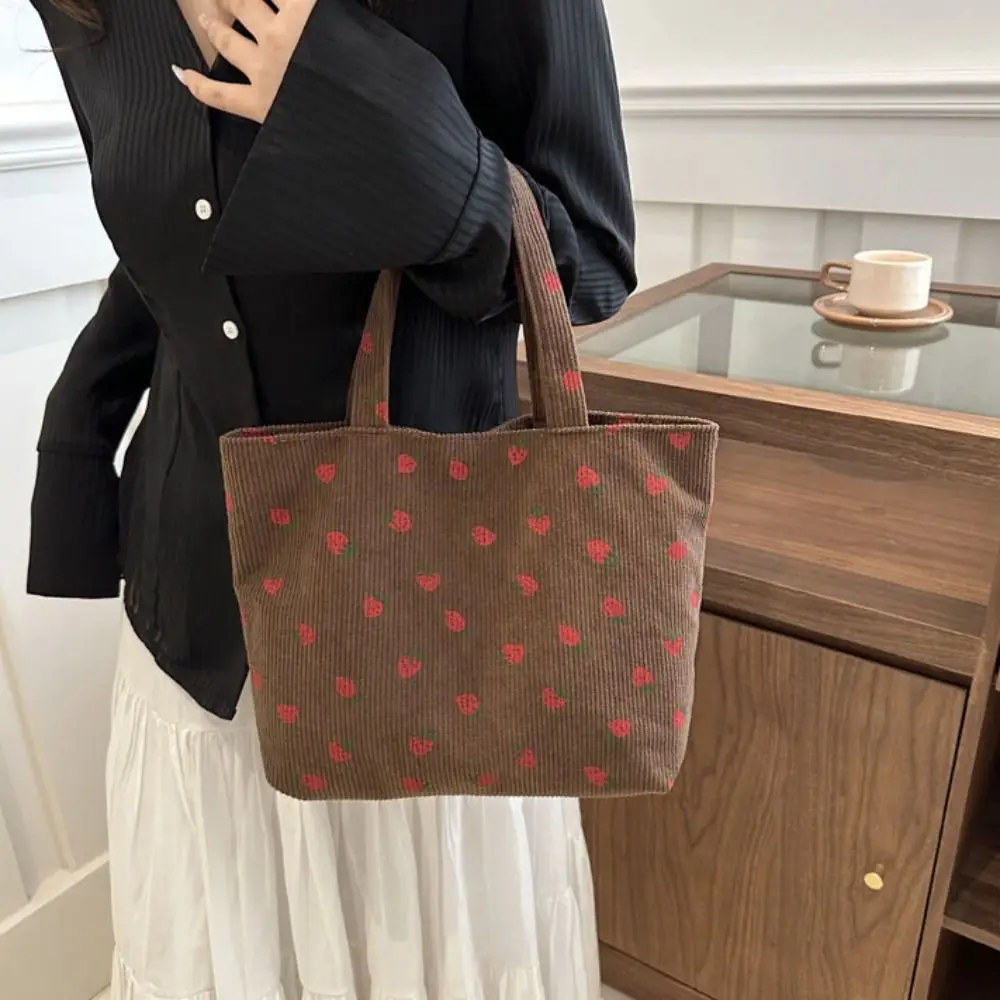 

Large Capacity Strawberry Tote Bag Korean Style Underarm Bag Women Shoulder Bag Printing Shopping Bag Corduroy Handbag