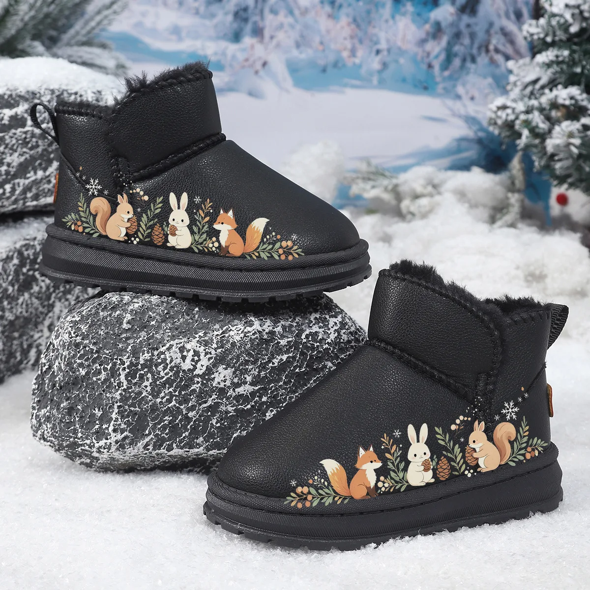 Kids Winter Snow Boots Cute Forest Animal Children Plush Boots Non-Slip Rubber Thick Sole Ankle Booties for Boys Girls