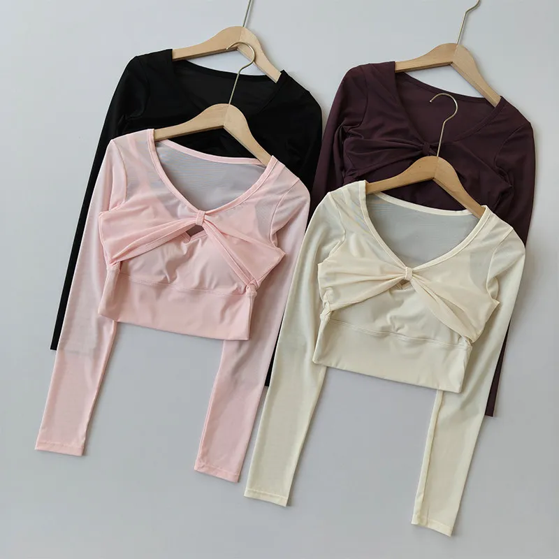 Sportbekleidung für Damen Herbst Winter Neuer Stil mit Brustpolster Rückenfreies Langarm-Fitness-Oberteil Gym Running Yoga Kurzes T-Shirt Top – Detail 12