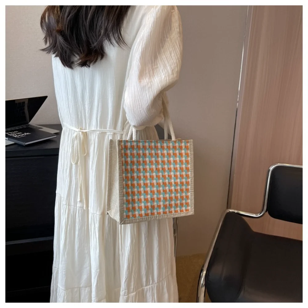 Women Woven Handbag Tote Bag Korean Style Ladies Button Handheld Linen Bag Button/Zipper Handheld Linen Bag Small Shopping Bag