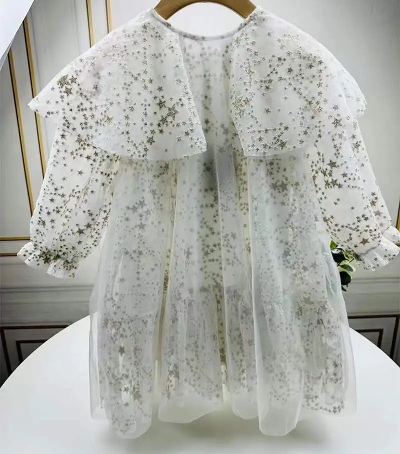 

2023 Fashion Summer Girl Party Dress Princess Golden Stars Dress Children Mesh Dresses Teenager Girl Luxury Clothing