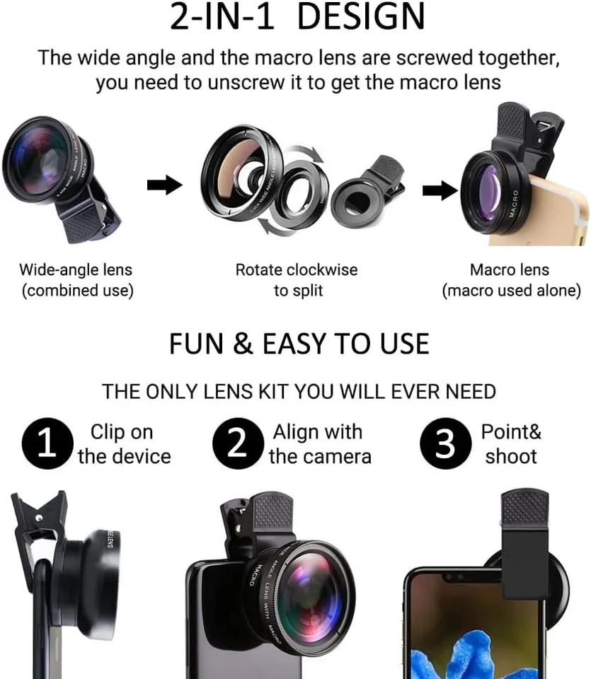Clip Universal 2 en 1 Lente 37mm Profesional 0.45X Gran Angular y Macro HD para iPhone y Android Teléfonos Móviles 4