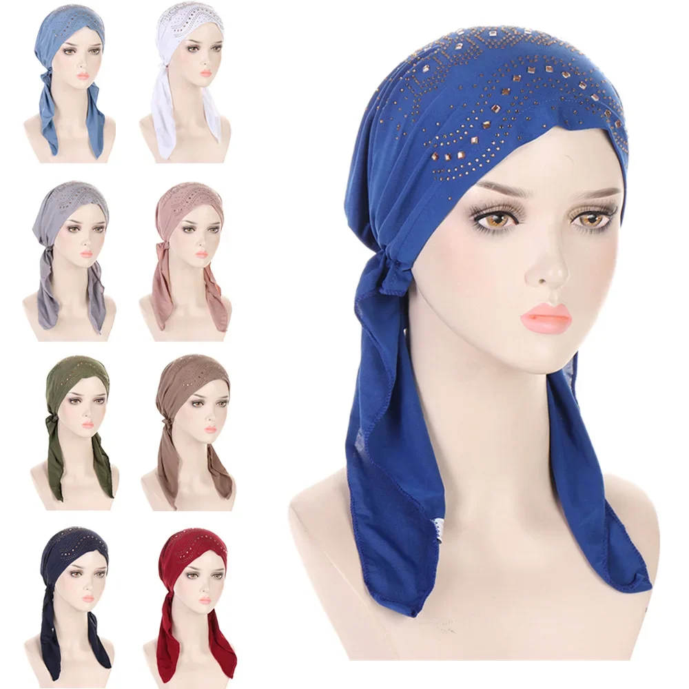 

Rhinestone Pre-Tied Chemo Cap Women Muslim Hijab Turban Beanies Bonnet Hat Long Tail Head Scarf Hair Loss Wrap Bandanas Headwear