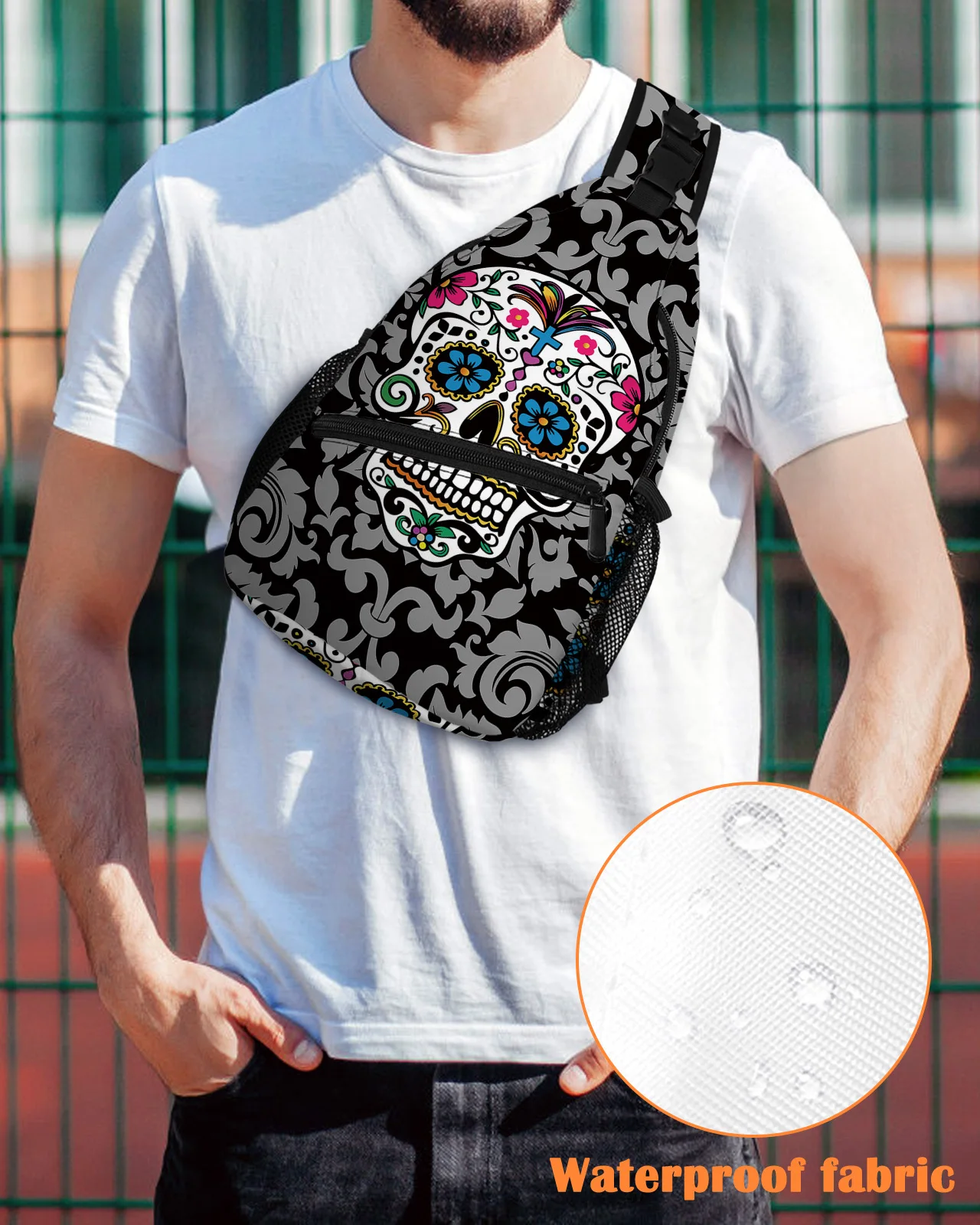 

Skull Art Retro Black Chest Bag for Men Casual Sports Shoulder Bag Women's Travel Waterproof Messenger Bag