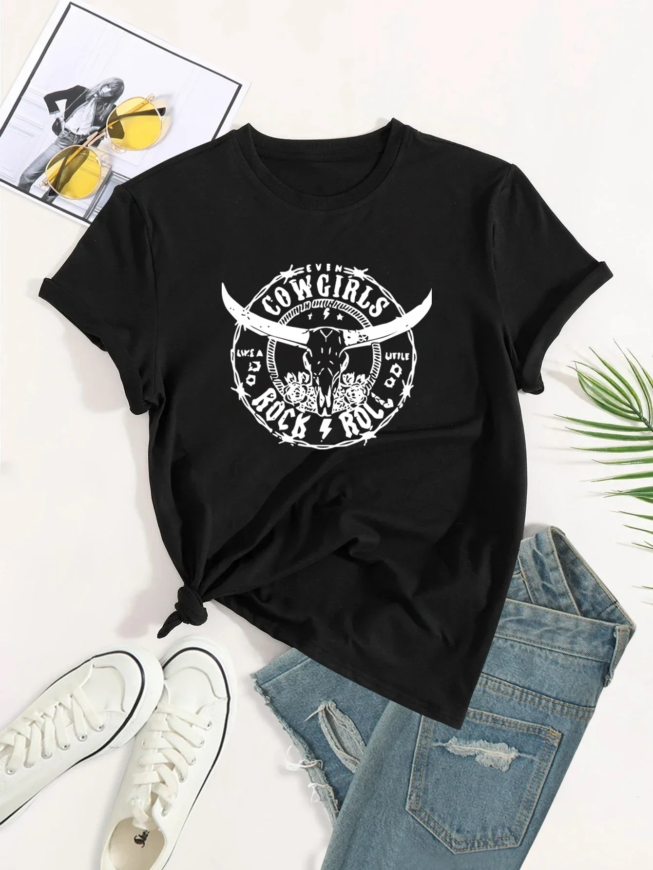 Casual Tee, Women's Plus Cow & Letter Print Short Sleeve Round Neck Slight Stretch T-Shirt