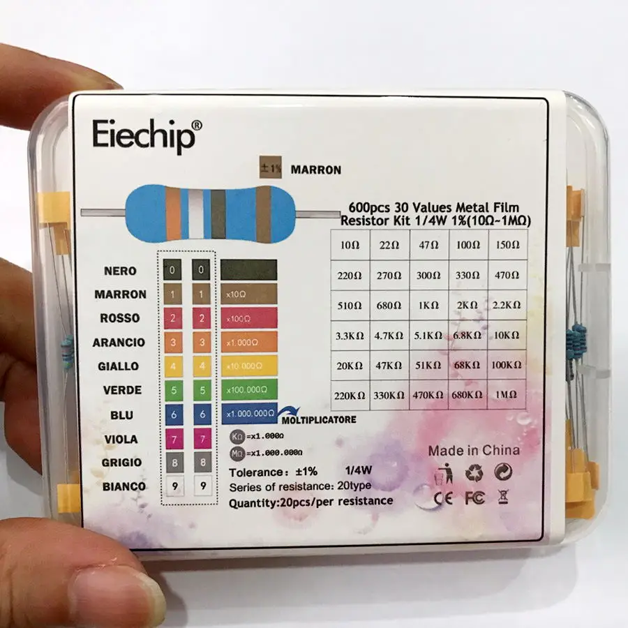 600pcs/lot 1/4W 0.25W Resistor Pack Assorted Box Diy Metal Film Resistors Kit 30Values* 20pcs (10 Ohms~1M Ohm) Resistance