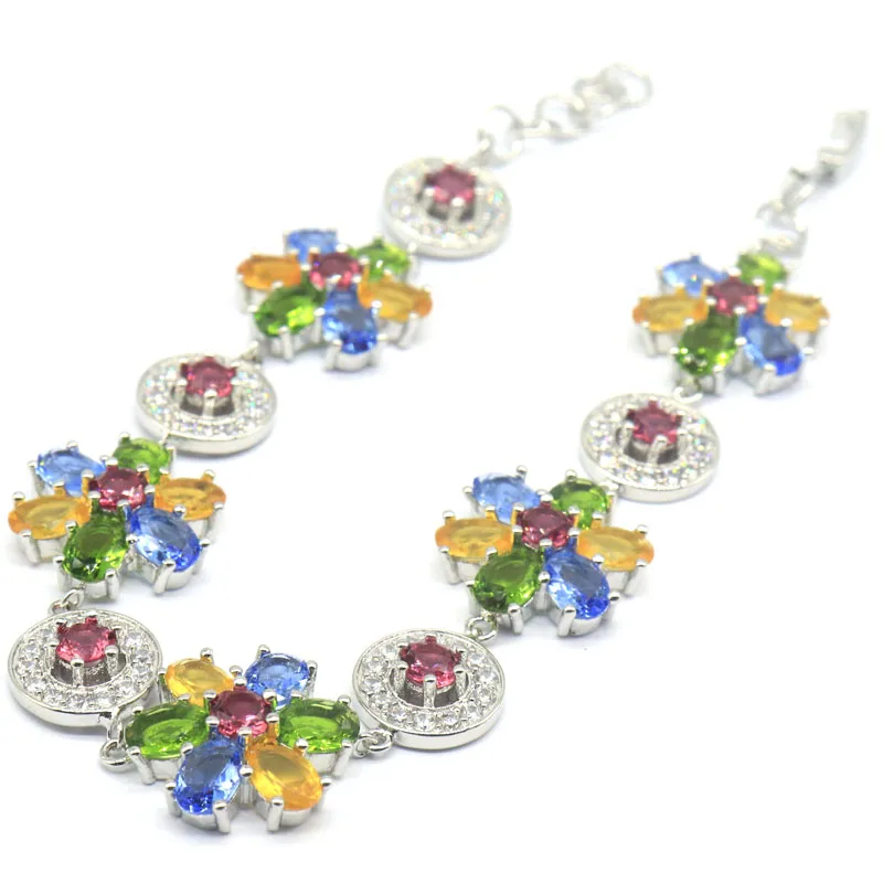 36x18mm Multi Color Tourmaline Peridot Violet Tanzanite Citrine CZ Women Dating Silver Bracelet 8.5-9.5inch