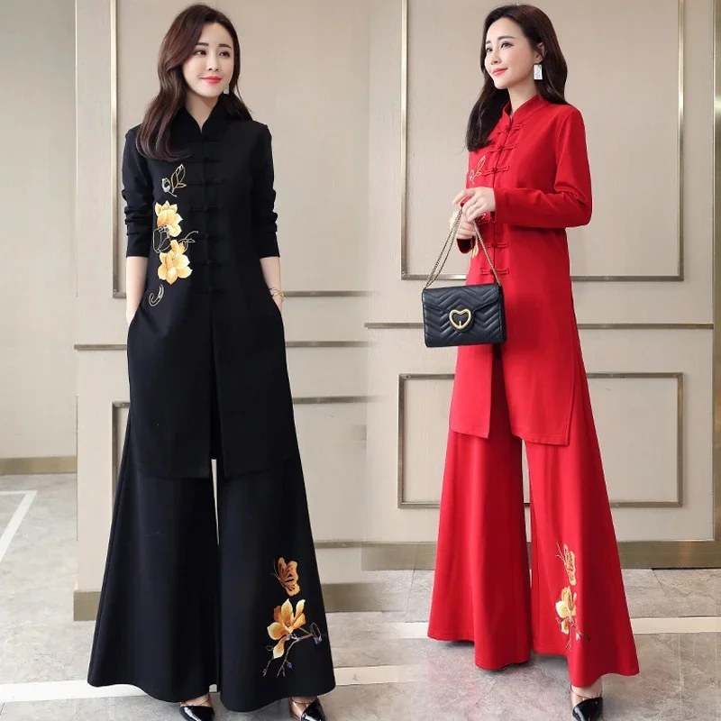 Ethnic Style Modified Cheongsam set for 2025 Spring and Autumn With a Sense of Falling Wide leg Pants Mom's Retro Two-Piece Set