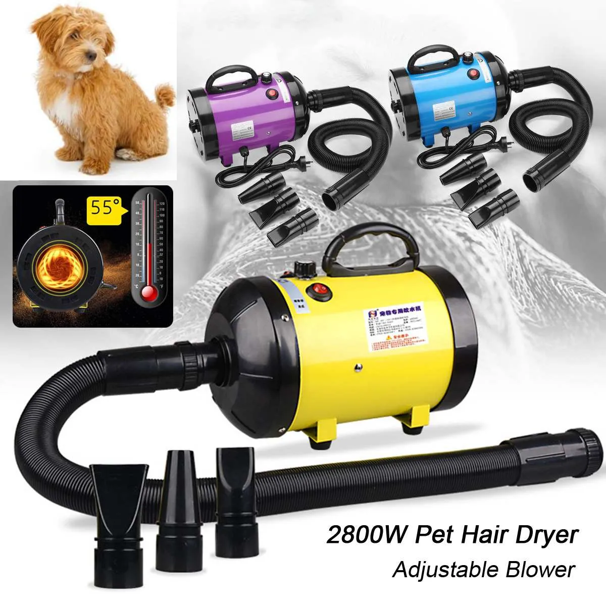 

2800W Adjustable Speed Pet Hair Dryer with 3 Nozzles Dog Cat Grooming Blower Warm Wind Heater 220V Animals Quick-Drying Machine