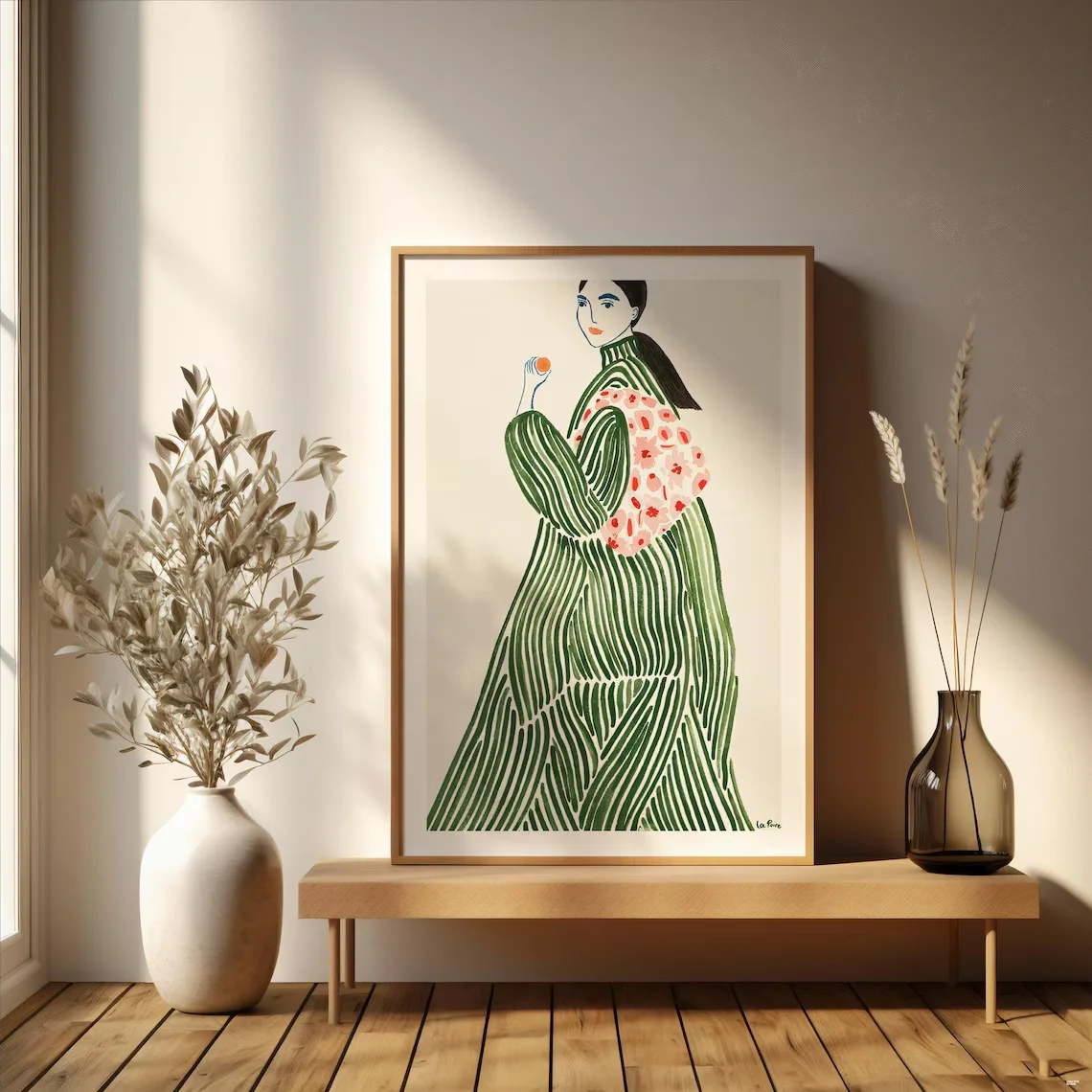 Boho Wall Art, La Poire Green Coat Wall Art, Abstract Line Art, Green Wall Art Digital Print, Home Decor, Instant Download, L