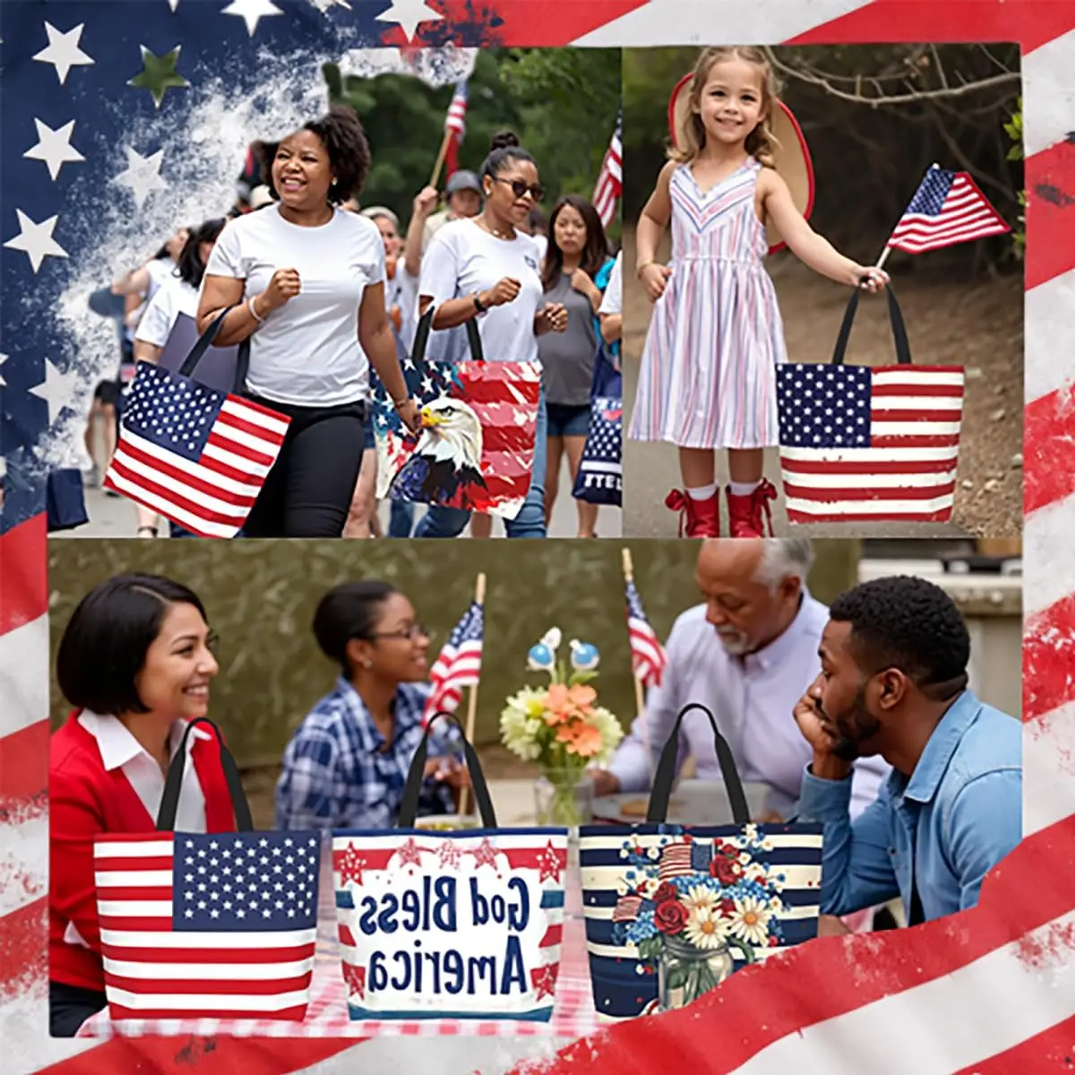 Bolso de mano con bandera americana con cremallera, bolso patriótico grande para mujer, asas reutilizables, compras multiusos y resistentes