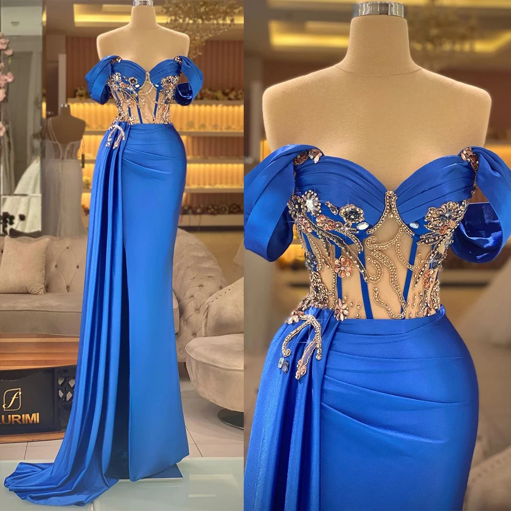 Sexy Meerjungfrau-Abendkleid, tief ausgeschnittenes Kristall-Abschlussballkleid, schulterfreie Applikation, Brautkleider, seitliche Schleppe, Robes De Mariée, individuell gestaltet