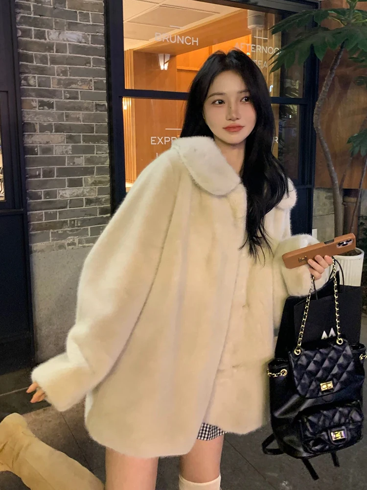 

Faux Fur Casual Coats Women Autumn Winter Long Sleeve Loose Sweet Apricot Jacket Female Preppy Hairy Soft Harajuku Vintage Tops