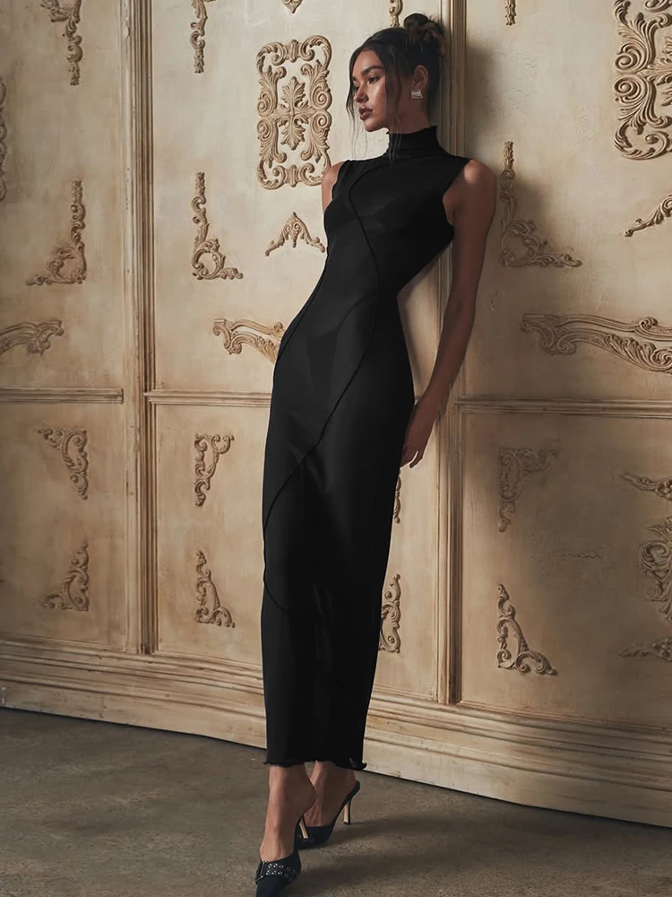 Nibber Sexy Maille Voir À Travers La Robe Femmes Lignes Patchwork Col Roulé Sans Manches Minuit Prom Parti Élégant Volants Longue Moulante