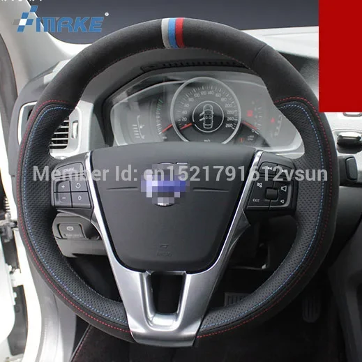 For Volvo s60 Hand-stitched Anti-Slip Black Leather Suede Red Blue Thread DIY Steering Wheel Cover