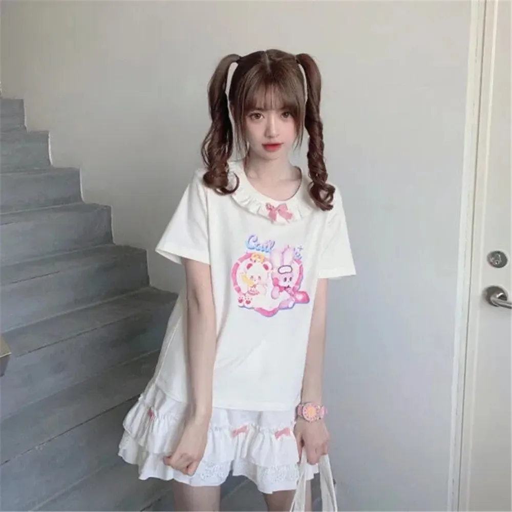 Ruffle Lace Bow Patchwork Kawaii White Mini Skirts Women Harajuku Elastic High Waist Pleated Skirt Japanese Sweet Lalita Girl