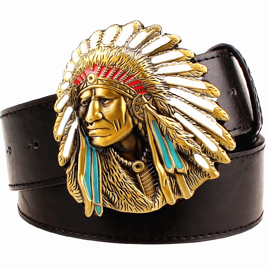 Fashion Men Belt Indian Chief Sign Metal Buckle Man Punk Rock Style  Native American Head Men\'s Lleather Waistband Hip Hop Girdl