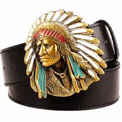 Cinto de couro masculino, cinto de fivela de metal, sinal chefe indiano, estilo punk rock, cabeça nativa americana, moda masculina, cintura hip-hop