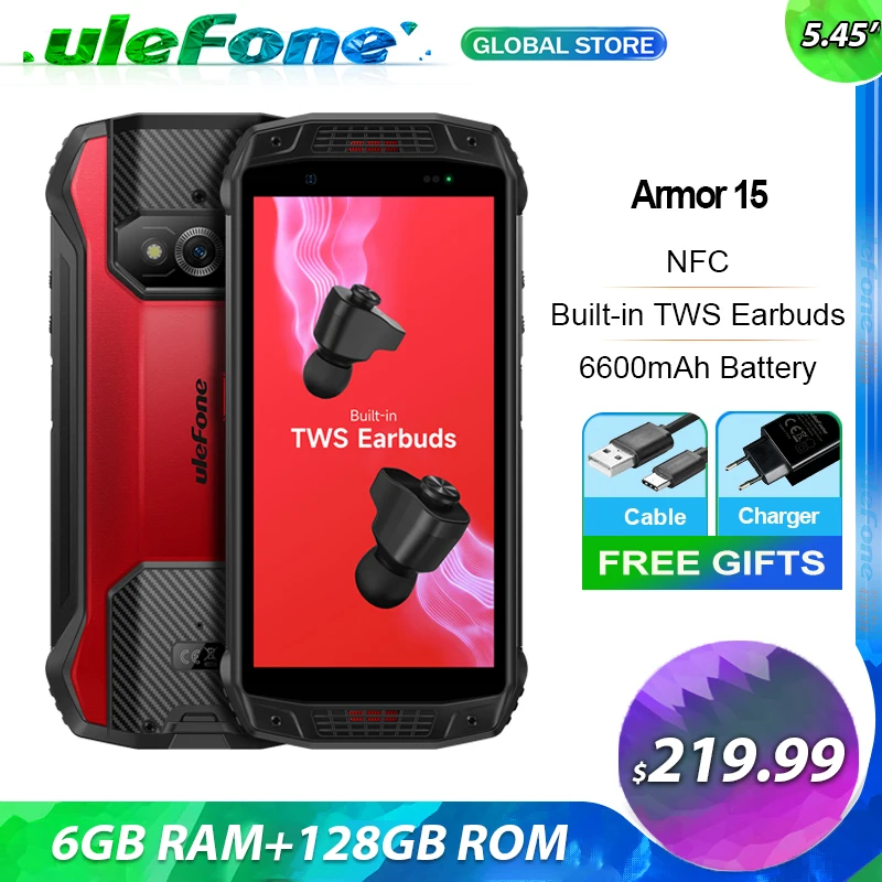 Ulefone Armor 15 Rugged Phone Android 12 Built-in TWS Earbuds Smartphone 6600mAh 128GB NFC 2.4G/5G WLAN Waterproof Mobile Phones