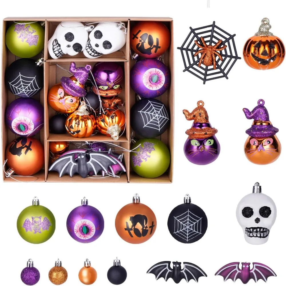 مجموعة زينة كرة الهالوين مكونة من 28 قطعة، زينة شجرة الهالوين المعلقة المقاومة للكسر مع عنكبوت، يقطين، تصميم جمجمة للداخلية