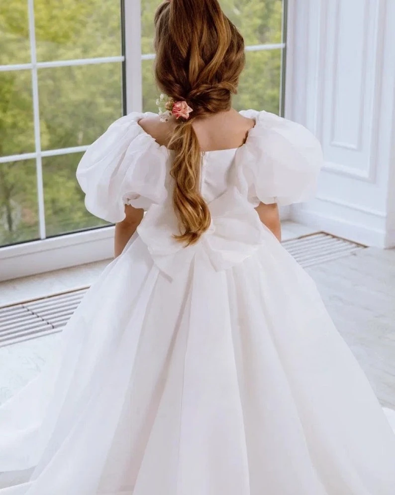 Princess Flower Girl Dress Wedding Dress Ivory with Bow Baby First Communion Organza Dress Princess Pageant Dresses for Girls